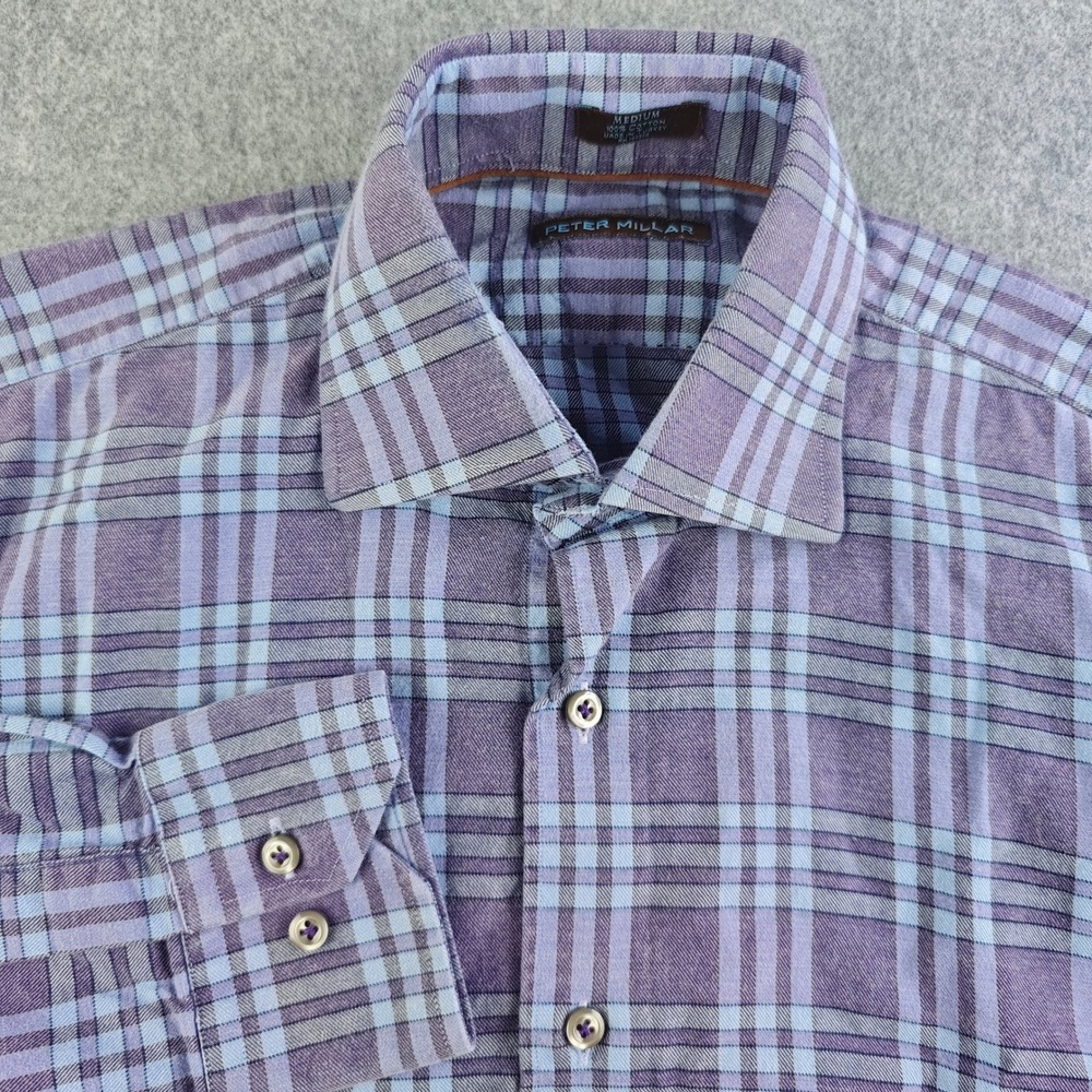 Peter Millar Button Up Shirt Mens Medium Purple Plaid Cotton Long Sleeve